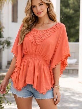Moon Collection Coral Crochet-Trim Peasant Tunic